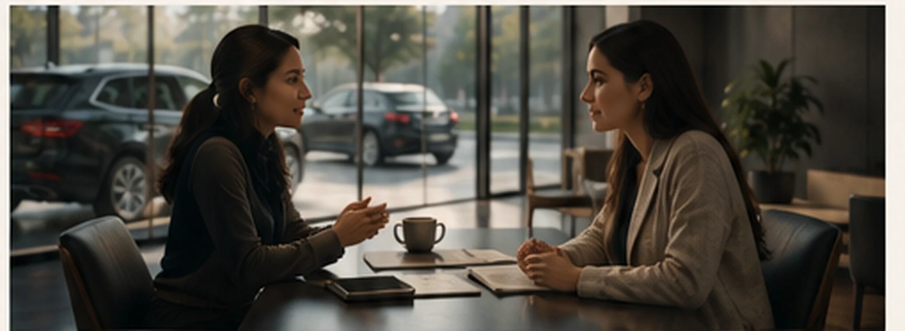 A calm, attentive conversation in a premium automotive setting