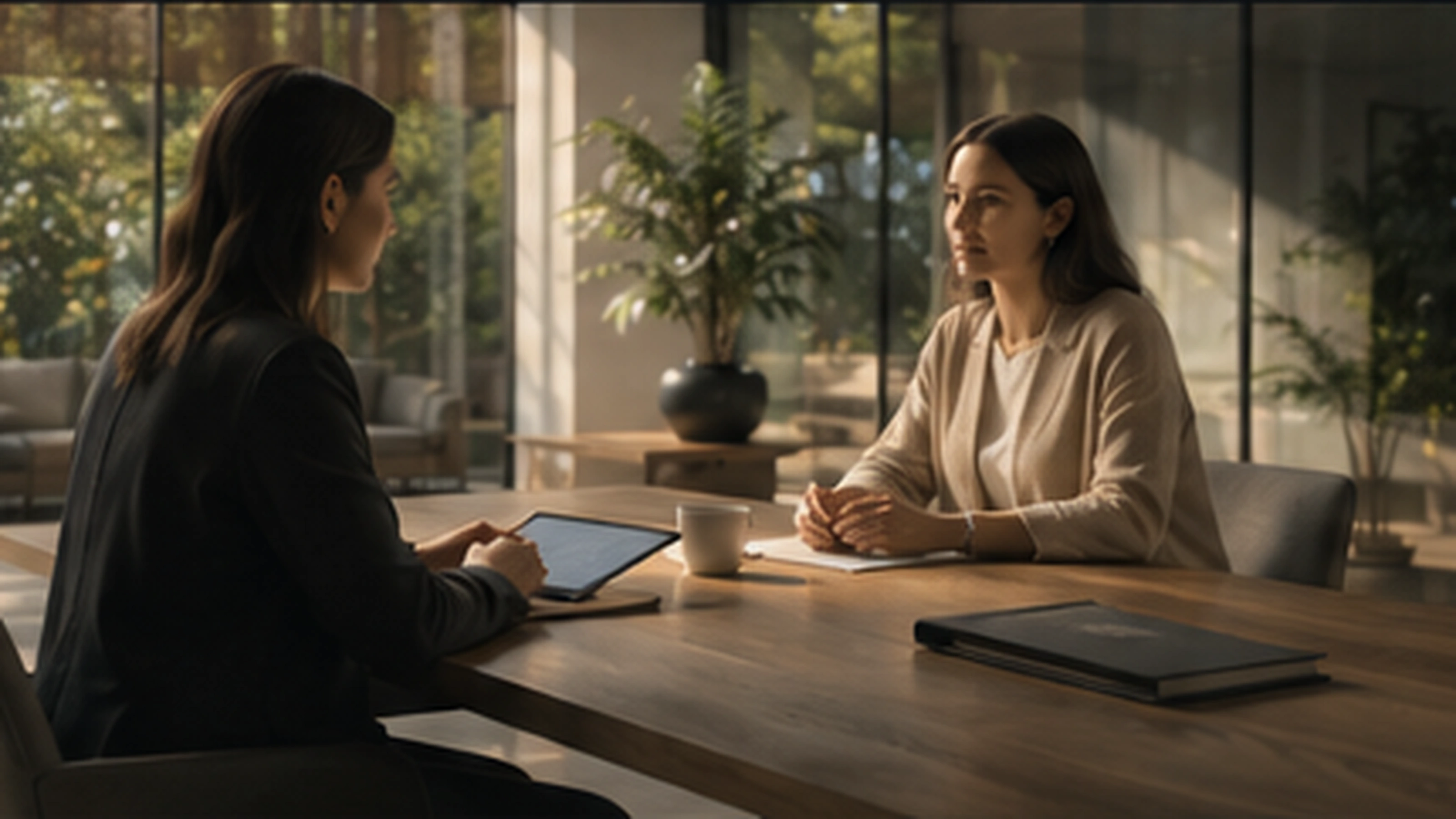 Two people having a calm, focused conversation in a premium setting
